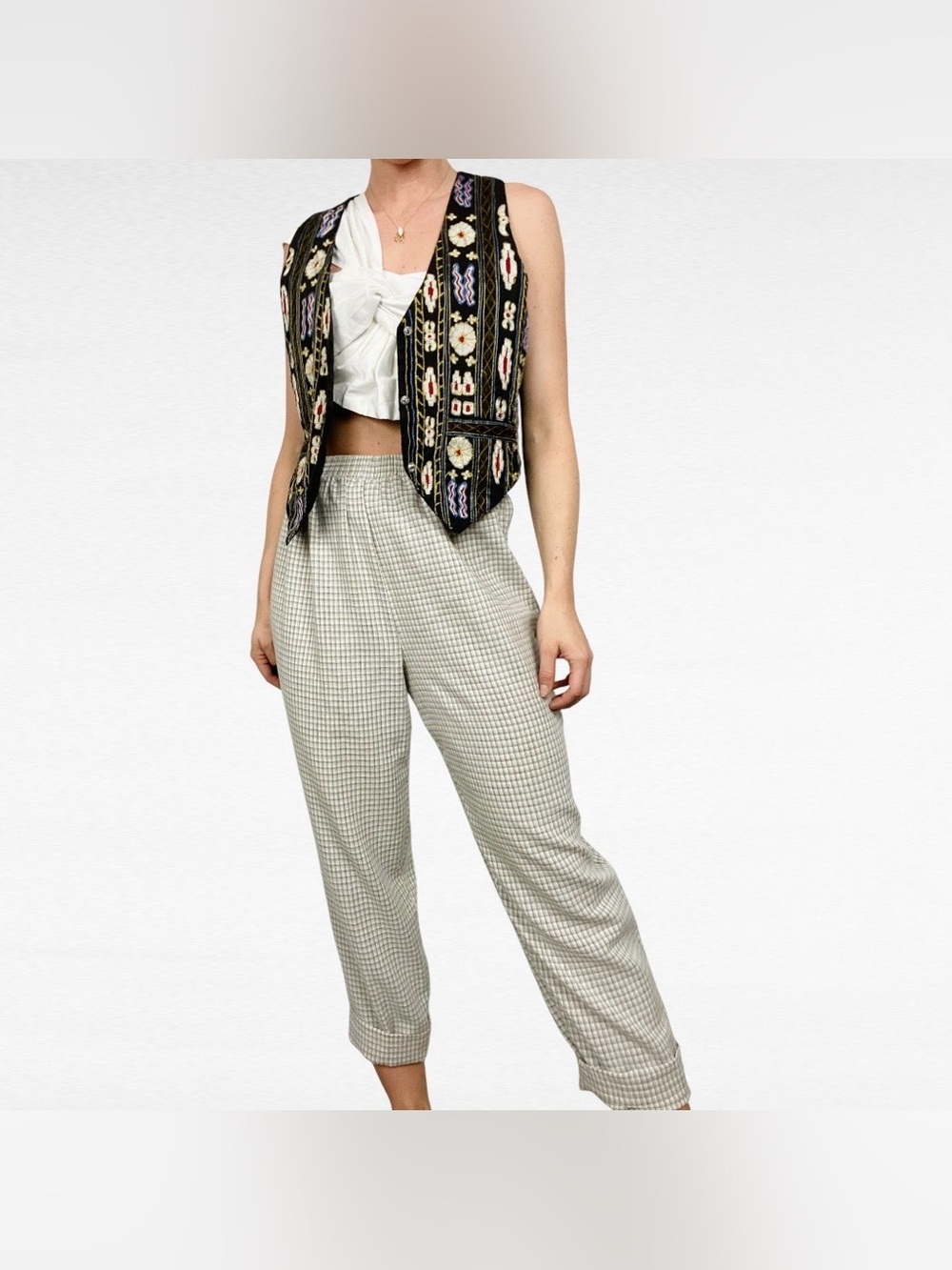 VINTAGE Briggs New York Beige Taupe Micro Plaid High Waist Pull On Flax Pants - Picture 4 of 8